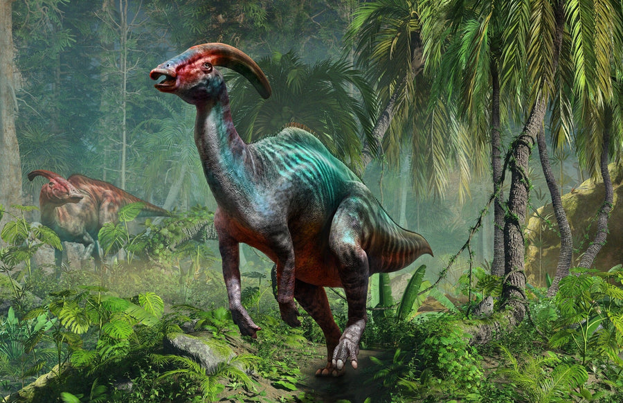 The Colorful Dinosaurs in Forest Wall Mural features a bright Parasaurolophus with a long crest standing in a vibrant prehistoric jungle—removable wallpaper that brings ancient life to any room.