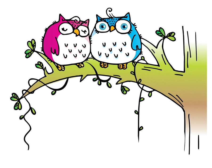 The Couple Owl Wall Mural features two cartoon owls on a branch, with the blue owl on the left having large eyes and the pink owl on the right with closed eyes. Green leaves and vines craft a whimsical forest scene against a white background, ideal for an enchanting room makeover.