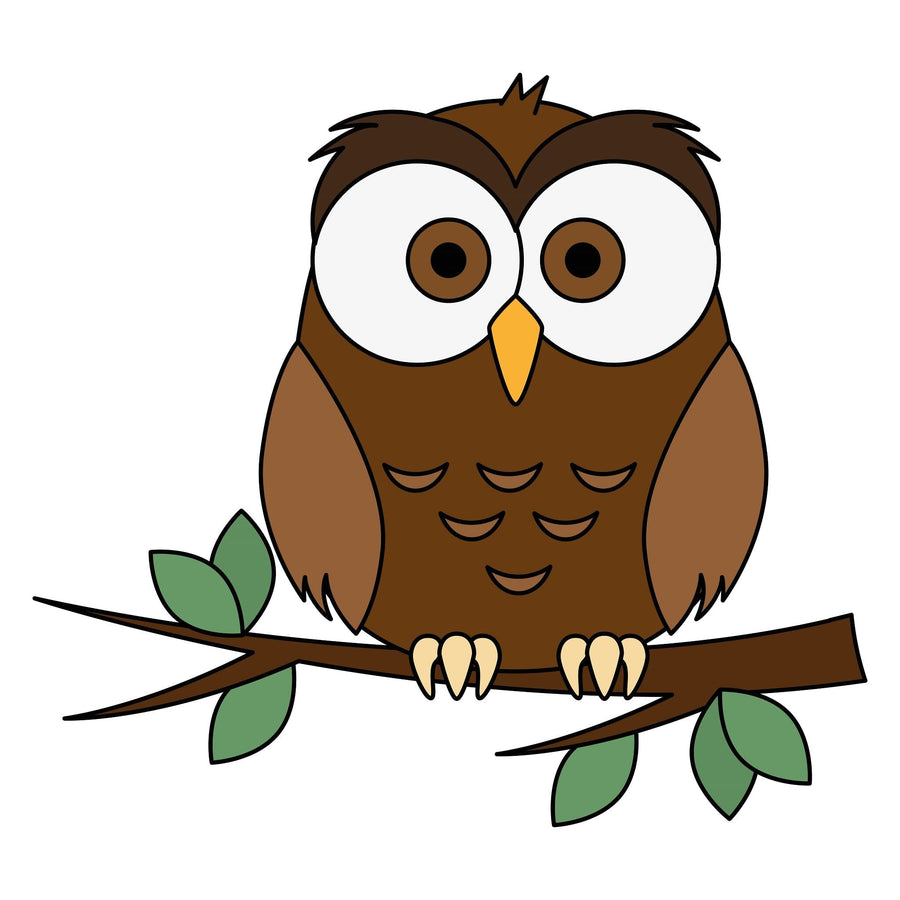 The "Cute Brown Owl Wall Mural" features a cartoon owl with large eyes, yellow beak, folded wings, and head tufts perched on a leafy branch against a white background, perfect for peel and stick application.