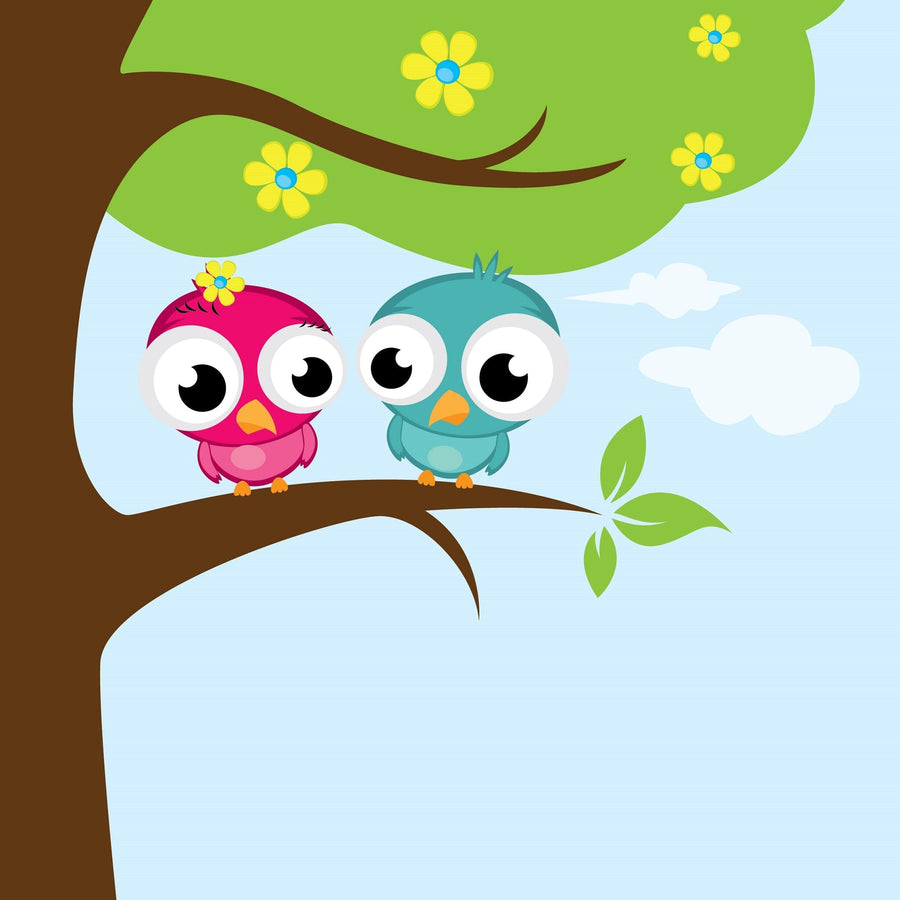 The "Cute Love Birds Wall Mural" features two cartoon birds with large round eyes on a branch. Against a light blue sky, the left bird is blue, and the right is pink with a yellow flower. The tree has green leaves and yellow flowers, set amid white clouds, perfect for peel-and-stick decor.