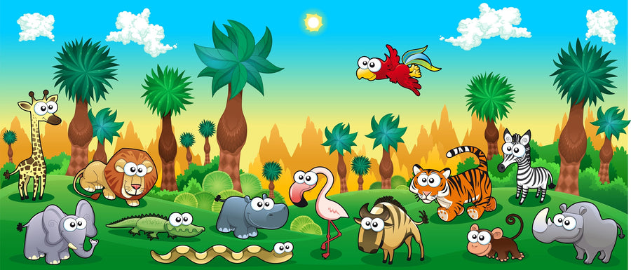 The Nursery 18 Wall Mural features a bright, playful cartoon jungle with a blue sky, sun, clouds, and funny big-eyed animals—perfect as a custom or peel and stick wall mural for kids’ rooms or play areas.