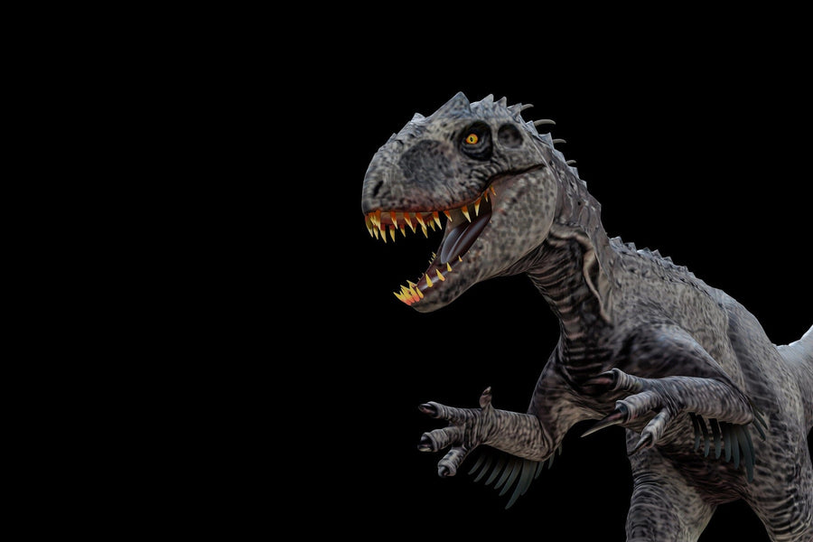 The Dark Raptor Wall Mural features a digital dinosaur with scaly gray skin, sharp teeth, yellow eyes, and back ridges against a black background. It stands upright, mouth open and claws raised, creating a fierce and menacing presence.