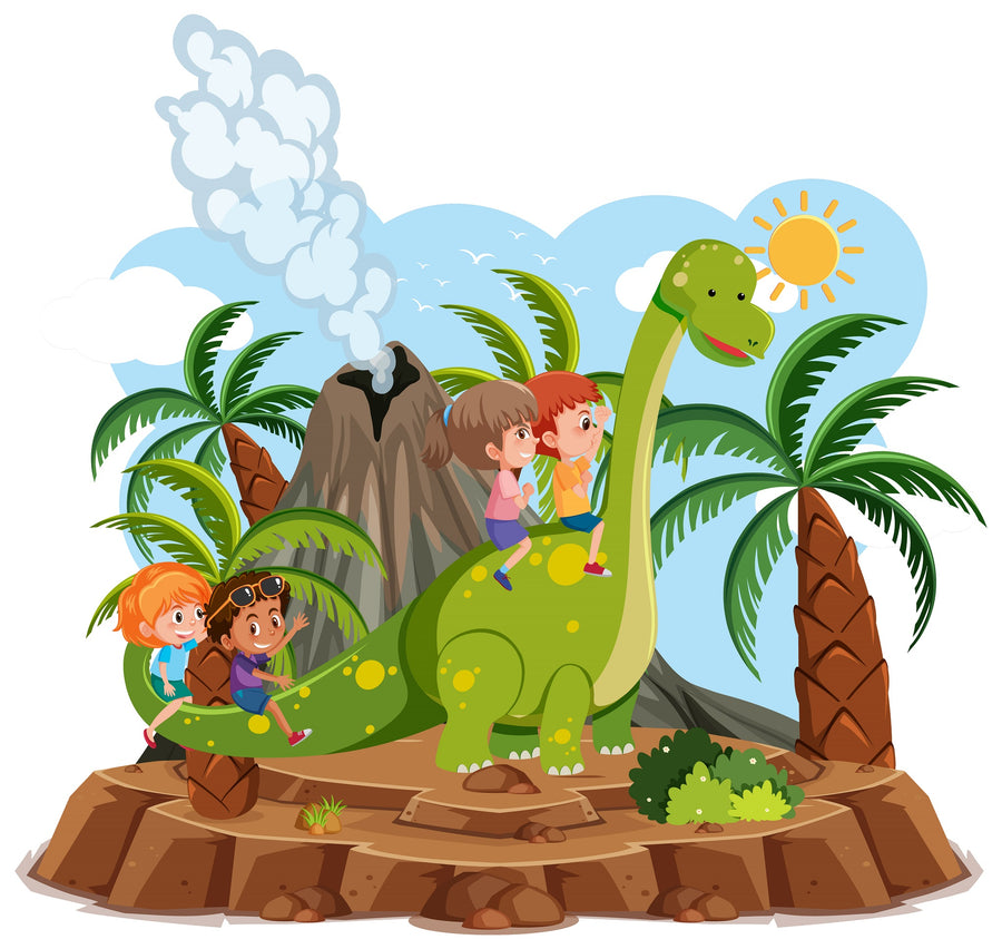 Four children ride a cheerful green dinosaur with yellow spots in a sunny tropical scene, complete with palm trees, bushes, and a volcano—perfect for playroom decor. Add fun to any space with the Nursery 24 Wall Mural as custom wall art or removable wallpaper.