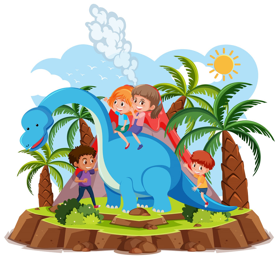 Four happy kids play with a big blue dinosaur among palm trees in the Nursery 25 Wall Mural; two ride its back, one hugs its tail, and another stands nearby in this sunny peel and stick prehistoric scene with smoky volcanoes.