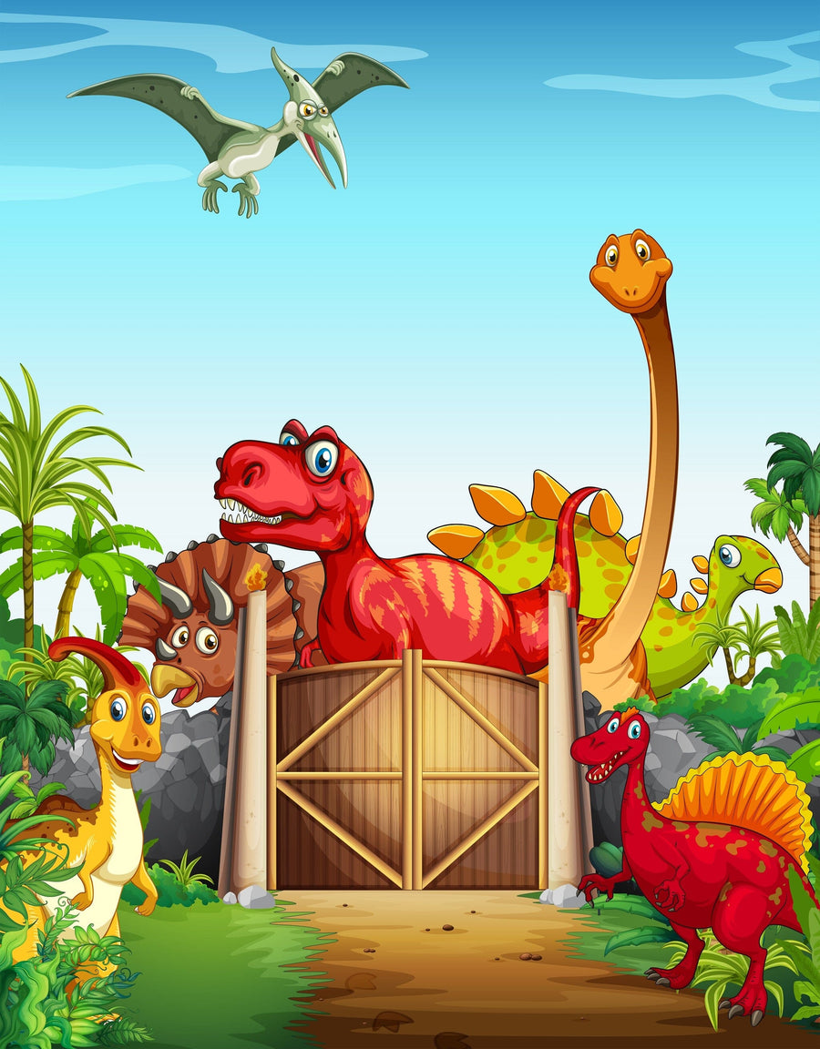 A nursery with light walls and wooden floor features a crib beside the Dino Land Wall Mural with cartoon dinosaurs and a pterodactyl. The room includes a rocking horse, round basket, oval mirror, white wardrobe, and sunlight through sheer curtains.