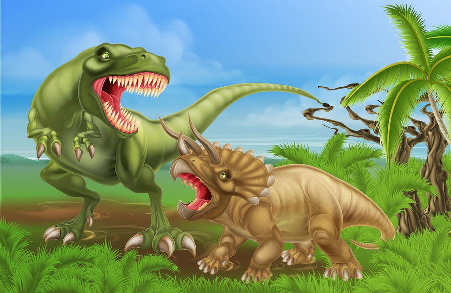 In the Robot T-Rex Wall Mural, a green T. rex and brown Triceratops face off in lush vegetation. The T. rex roars, showing sharp teeth, while the Triceratops bellows back with pointed horns. Palm trees and a clear blue sky complete this peel-and-stick wall mural scene.