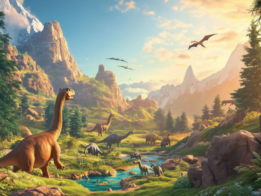 The Dinosaur Kingdom Wall Mural displays a scenic prehistoric landscape with Brachiosaurus and Stegosaurus by a river, Pterosaurs gliding under sunny skies near snow-capped mountains, creating an ideal removable wallpaper.