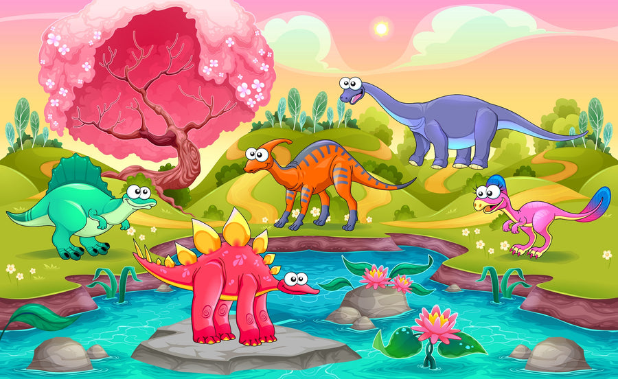 The Dinosaurs by the River Wall Mural features five cheerful dinosaurs by a stream with pink lilies. This peel and stick removable wallpaper adds a playful, prehistoric touch to any room and is easy to apply and remove.
