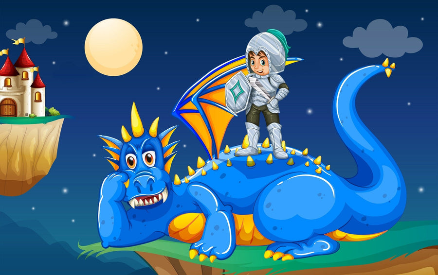 The Nursery 1 Wall Mural features a young knight in silver armor confidently standing on a large blue dragon with yellow spikes, bringing castles, dragons, and magical starry skies to life in your space.