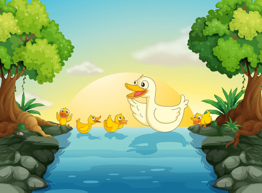 The Nursery 5 Wall Mural features a cartoon duck and four ducklings swimming in a blue river with rocky banks and green trees at sunrise, adding playful charm to any room as an easy peel-and-stick wall decor.