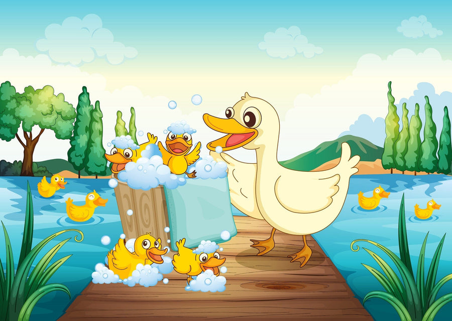 Brighten your room with the Duck Family Wash Wall Mural, featuring a cheerful duck and five ducklings playing in a wooden tub by the lake, surrounded by trees, grass, hills, and a bright blue sky. Peel and stick for easy decor!.