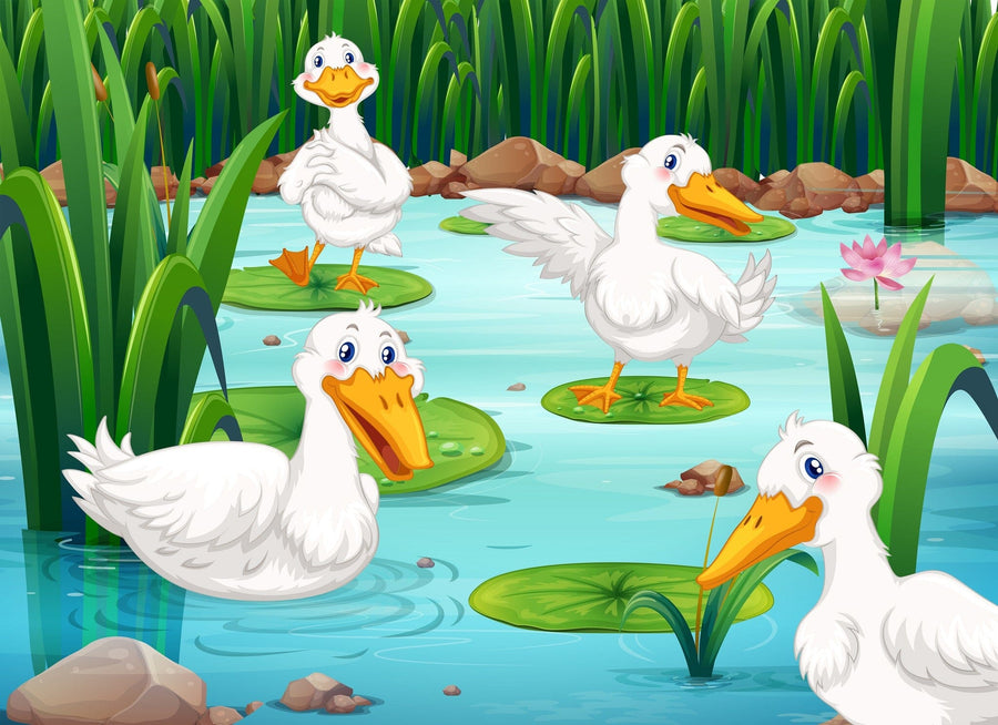 The Nursery 9 Wall Mural features four cartoon white ducks with orange beaks in a lively pond scene of green reeds, rocks, and a pink lotus—perfect for kids’ rooms as an adorable peel and stick or custom printed wall mural.