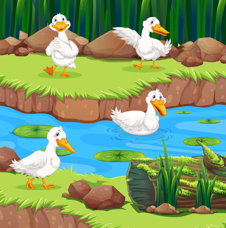 Bring nature into your child's room with the Nursery 8 Wall Mural, featuring three white ducks in a grassy, rocky pond—one swimming among lilies, another on the edge, and one flapping its wings. Removable wallpaper perfect for a serene, nature-inspired space.