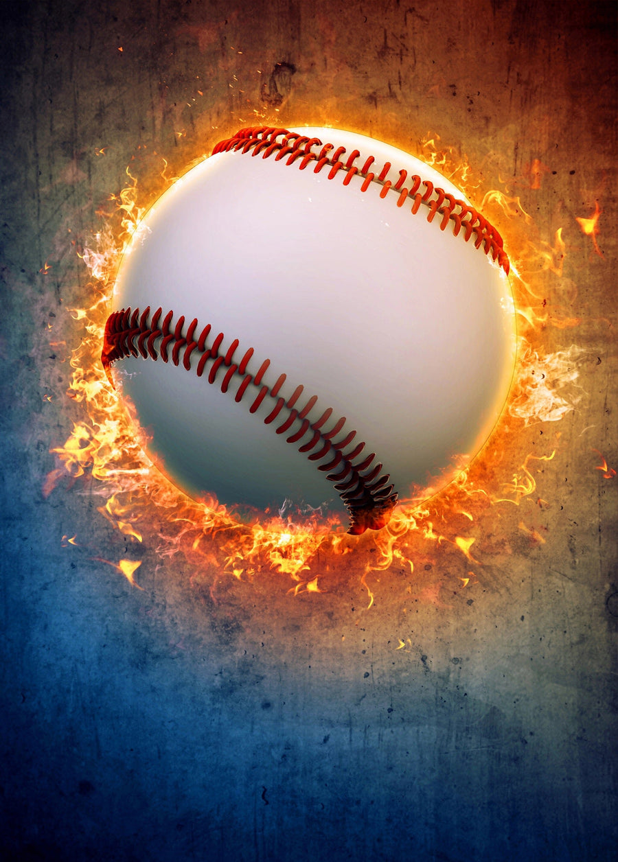 The Baseball 11 Wall Mural features a white baseball with red stitching engulfed in fiery flames against a textured background—ideal as a peel and stick mural to add bold energy and vibrant color to any space.