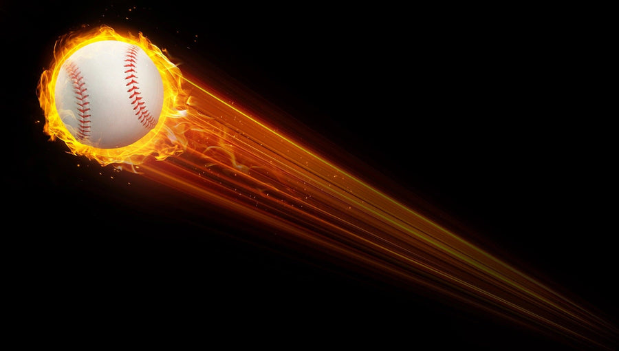 The Flying Baseball Wall Mural features a red-stitched baseball blazing through fiery trails on a black background, creating an energetic centerpiece that's perfect for adding excitement and style to any space.