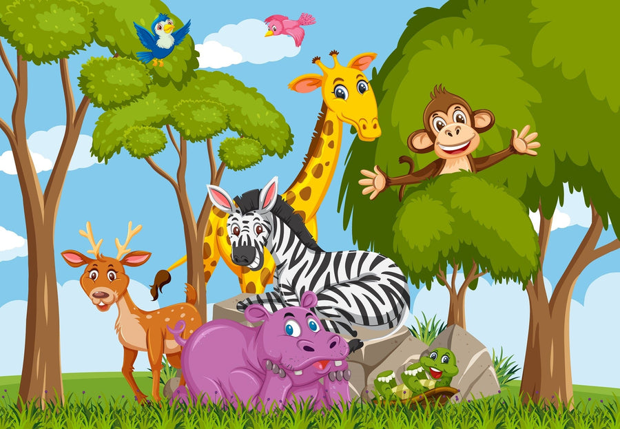 The Nursery 1 Wall Mural features a vibrant cartoon jungle with a smiling monkey in a tree, giraffe, zebra, hippo, deer, lizard, and birds—perfect as a peel and stick wall decor surrounded by bright grass and blue sky.