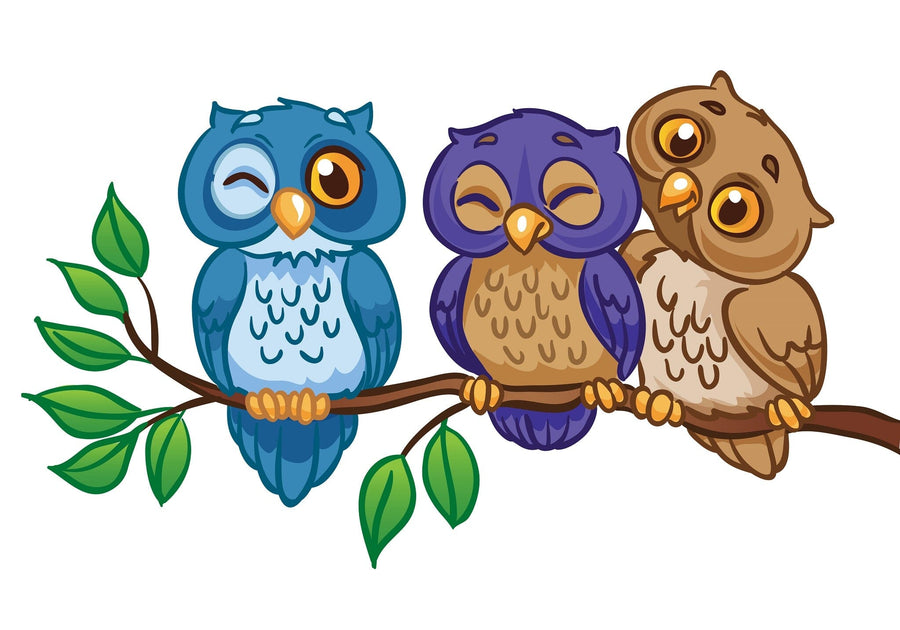 The Nursery 13 Wall Mural by Deposit photo features three cute cartoon owls—brown with wide eyes, purple with closed eyes, and blue winking—perched on a branch surrounded by green leaves on a white background.