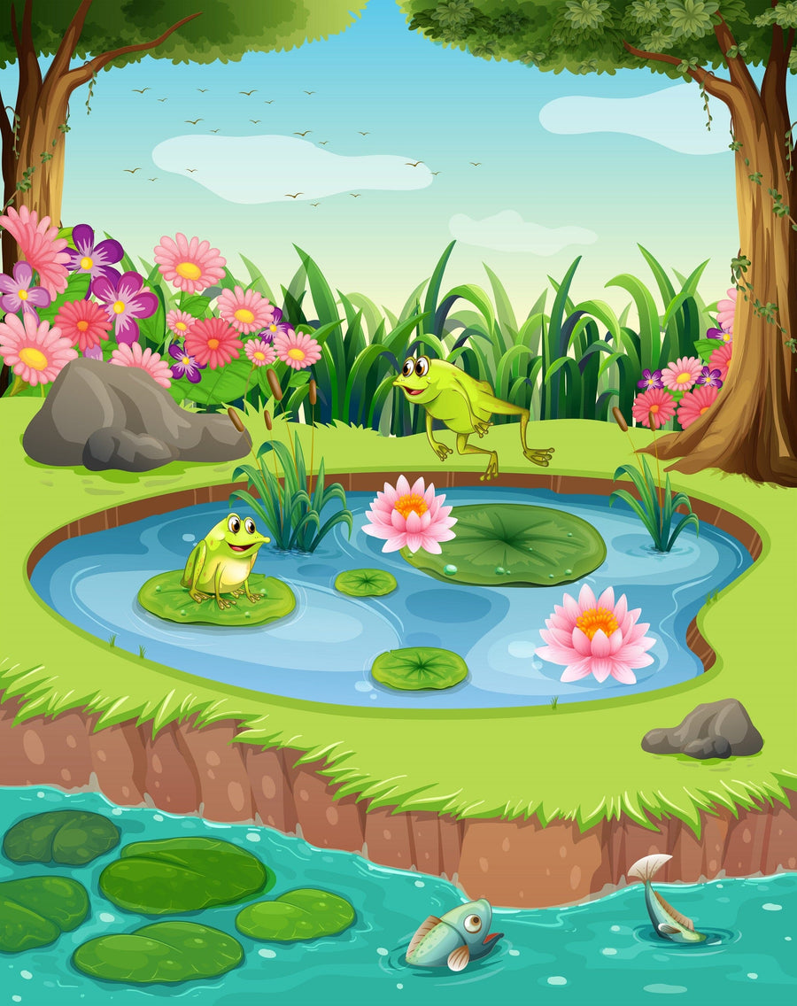 The Frogs by the Pond Wall Mural features vibrant frogs in a colorful pond scene with flowers, grass, rocks, and trees. This peel and stick mural is easy to install and brings lively nature indoors.