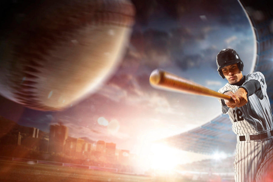 The Baseball 14 Wall Mural shows a baseball player in a black helmet and striped uniform swinging a bat, with a large baseball flying forward, stadium seats, and a city skyline blurred in the sunset background.