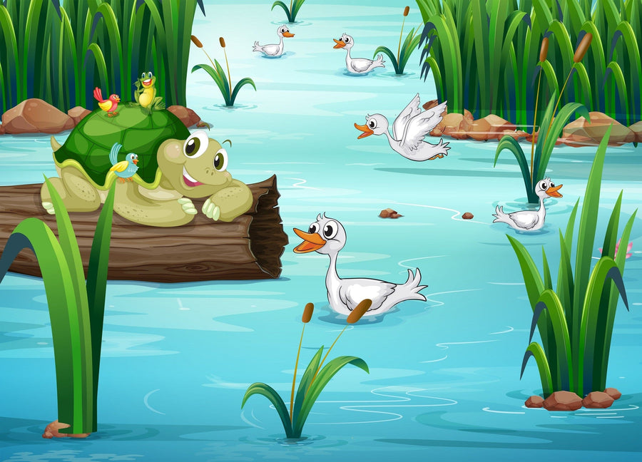 The Happy Turtle and Friends Wall Mural features a smiling turtle on a log, playful frogs, ducks, green reeds, and cattails in a cheerful peel and stick design—perfect as removable wallpaper or for custom wall decor.