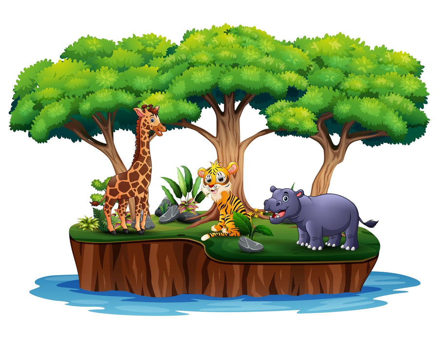 The Jungle Island Scene Wall Mural features a rhino, tiger, and giraffe on a floating island with lush grass and rocks. The smiling rhino is on the left, the playful tiger in the center, and the tall giraffe beside it under green trees. Perfect as a peel-and-stick mural surrounded by water.