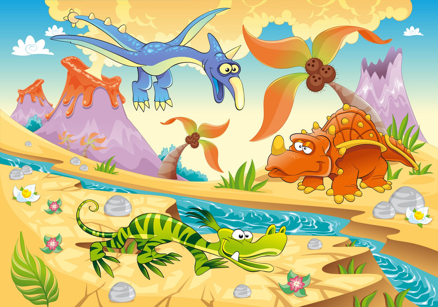 Bring a prehistoric world to any room with the Nursery 19 Wall Mural—featuring a red-orange dinosaur, blue pterosaur, green striped reptile, lush palms, flowers, rocks, and smoky volcanoes by a river. Removable and perfect for nurseries!.