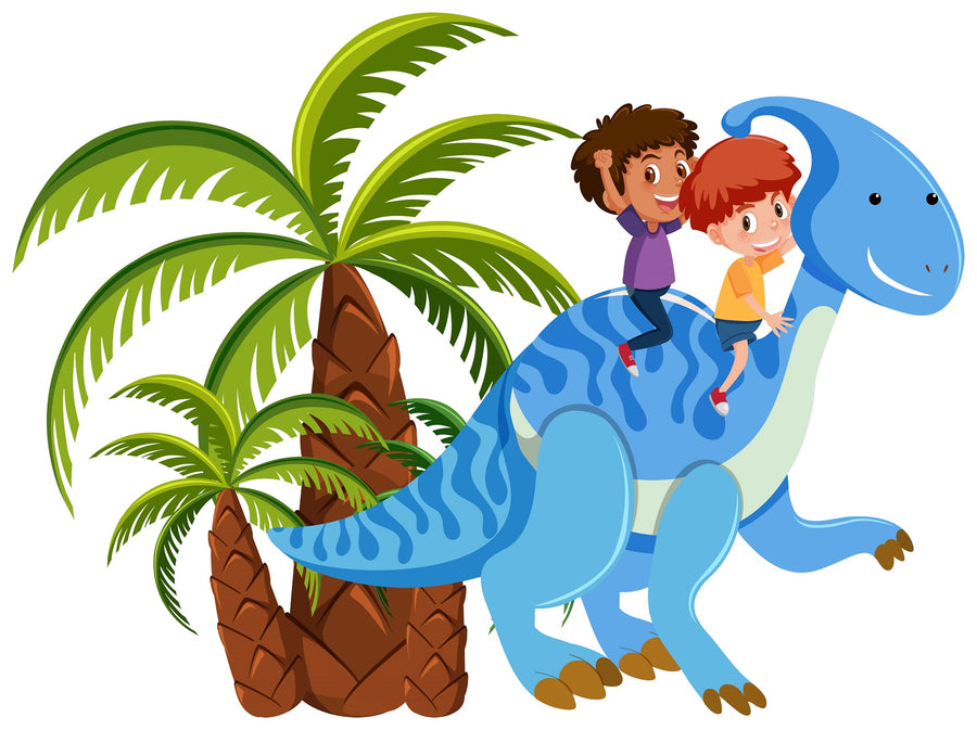 Two smiling children ride a friendly blue dinosaur with light blue stripes, set against green palm trees—a playful prehistoric scene featured on the Nursery 23 Wall Mural, perfect for kids’ rooms.