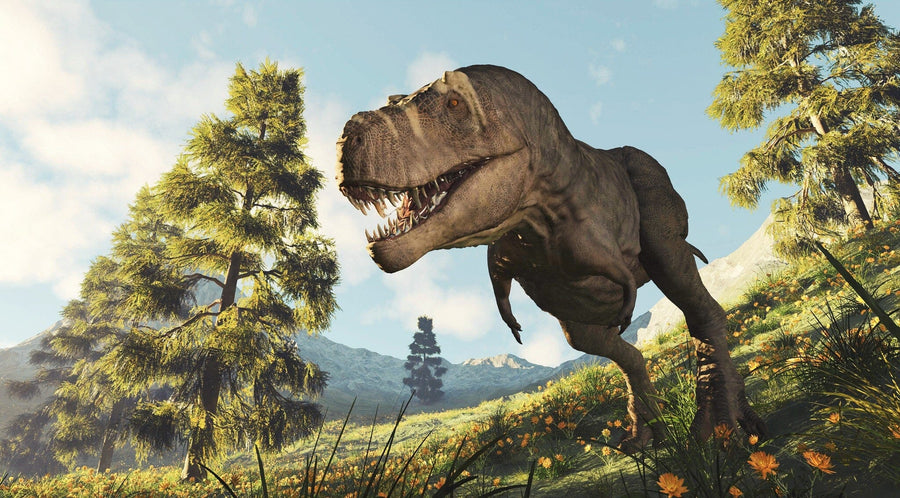 Bring your space to life with the King of the Cretaceous Wall Mural, featuring a dynamic T. rex running through a sunlit, flower-filled meadow bordered by pine trees and mountains—available as custom or peel and stick wall murals.