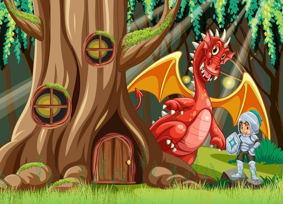A smiling knight and a friendly red dragon with yellow wings stand by a tree house under sunlight—an enchanting scene from the Nursery 8 Wall Mural, perfect for custom printed or peel and stick wall murals in any room.