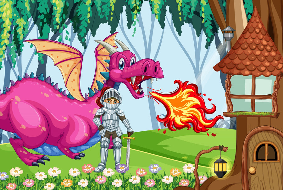 The Nursery 1 Wall Mural features a pink dragon breathing fire near a silver-armored knight with a sword, standing on grassy fields with flowers and a treehouse—vibrant peel-and-stick decor ideal for brightening any space.