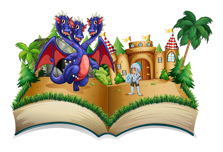 The Knight vs Hydra Wall Mural features a pop-up style scene with an armored knight battling a three-headed dragon before a castle of red and white towers, lush trees, and green grass—ideal for inspiring custom wall decor.