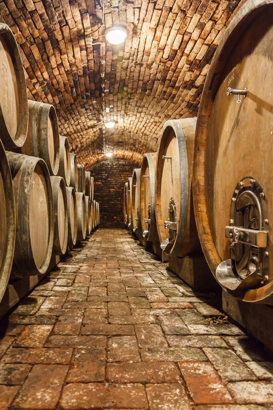 A rustic wine cellar with a curved brick ceiling and floor, enhanced by Deposit photo's Large Wooden Barrels Wall Mural. The mural mimics its ambiance with large wooden barrels lining the aisle, dimly lit overhead to highlight textured bricks and create an inviting atmosphere.