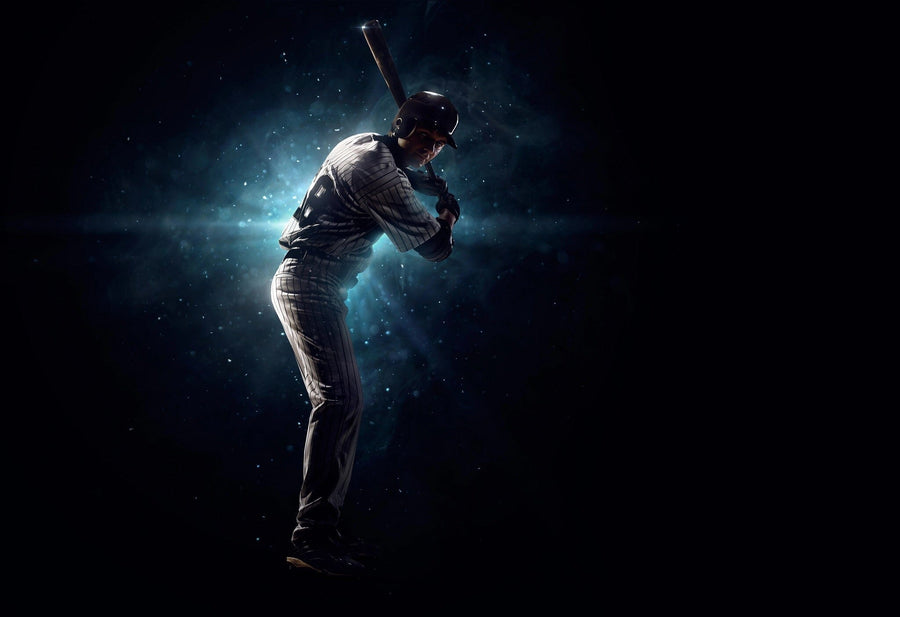 The Baseball 13 Wall Mural shows a baseball player in a helmet and striped uniform ready to bat, illuminated by dramatic blue-white light—capturing the anticipation and adding dynamic, personalized wall decor to any room.