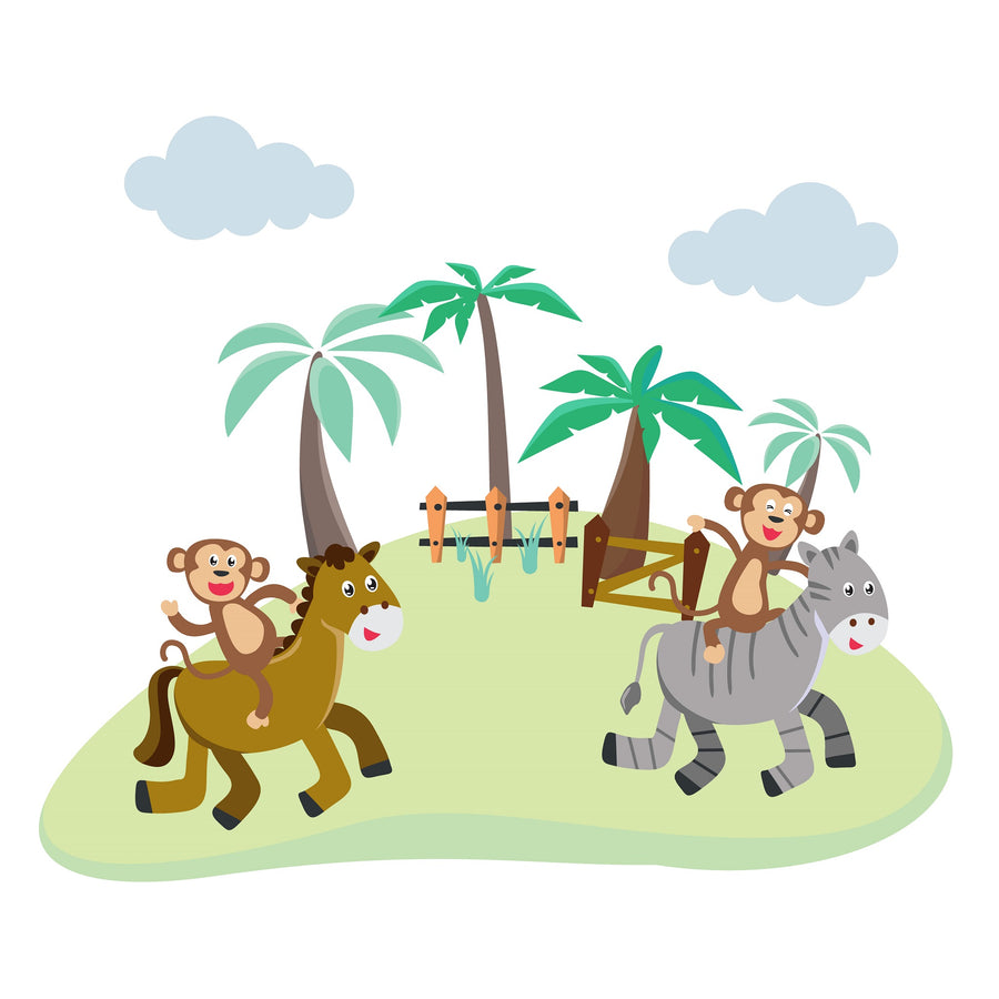 Two cheerful monkeys ride a zebra and a horse across grassy fields with palm trees and bright clouds. The Monkey Riders Wall Mural is ideal for custom printed or peel and stick wall murals in kids' rooms.