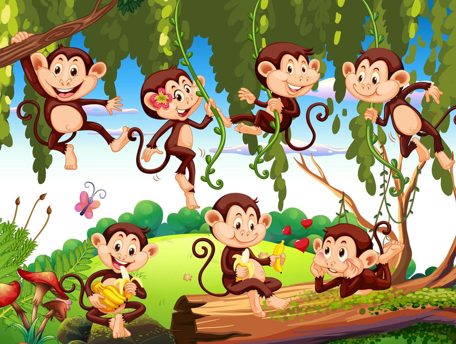 The Nursery 8 Wall Mural features seven playful monkeys with big eyes swinging on branches and a log in a colorful cartoon jungle with bananas, butterflies, flowers, and green hills—ideal removable wallpaper for kids' spaces.