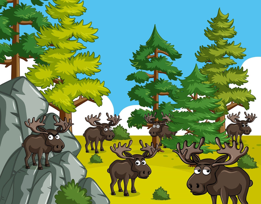 The Moose in the Pines Wall Mural features a vibrant cartoon forest with pine trees, rocks, bushes, and seven moose with antlers under a blue sky. Ideal as peel and stick wall mural or removable wallpaper for any space.