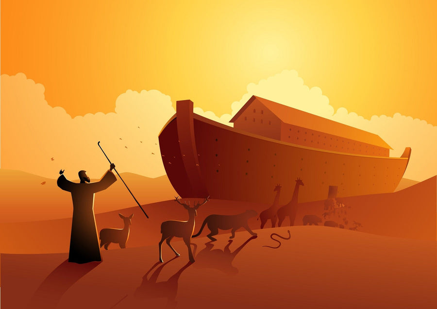 A robed figure with a staff stands before an ark at sunrise as animal pairs approach across orange ground—an enchanting scene from the Nursery 3 Wall Mural, perfect as a peel and stick wall mural or removable wallpaper for any room.