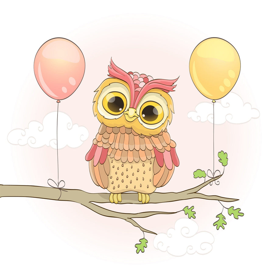 The Nursery 11 Wall Mural by Deposit Photo features a charming cartoon owl with brown and red feathers sitting on a branch with green leaves, large yellow eyes, and a cheerful expression. Two balloons add whimsy to the scene, making it ideal for any playful space.