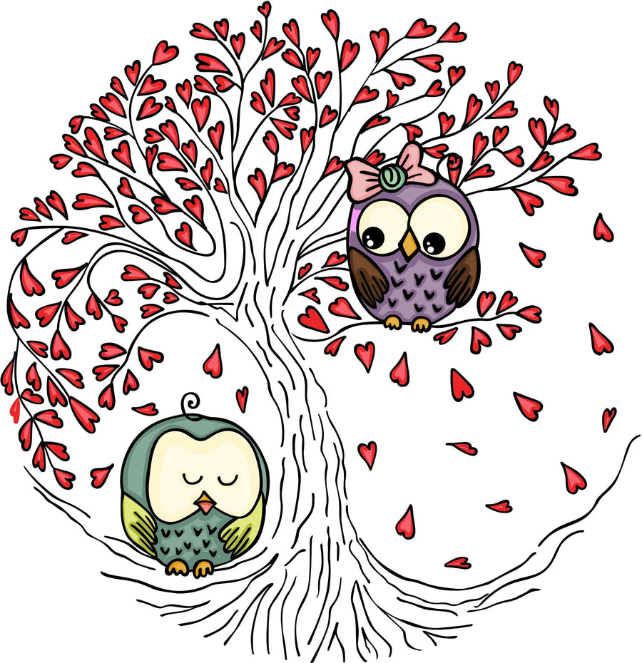 The Owls in Love Tree Wall Mural by Deposit photo features a whimsical illustration with two owls on a tree adorned with heart-shaped leaves. One owl wears a pink bow while the other sleeps, creating a romantic theme perfect for removable wallpaper or peel and stick wall murals.