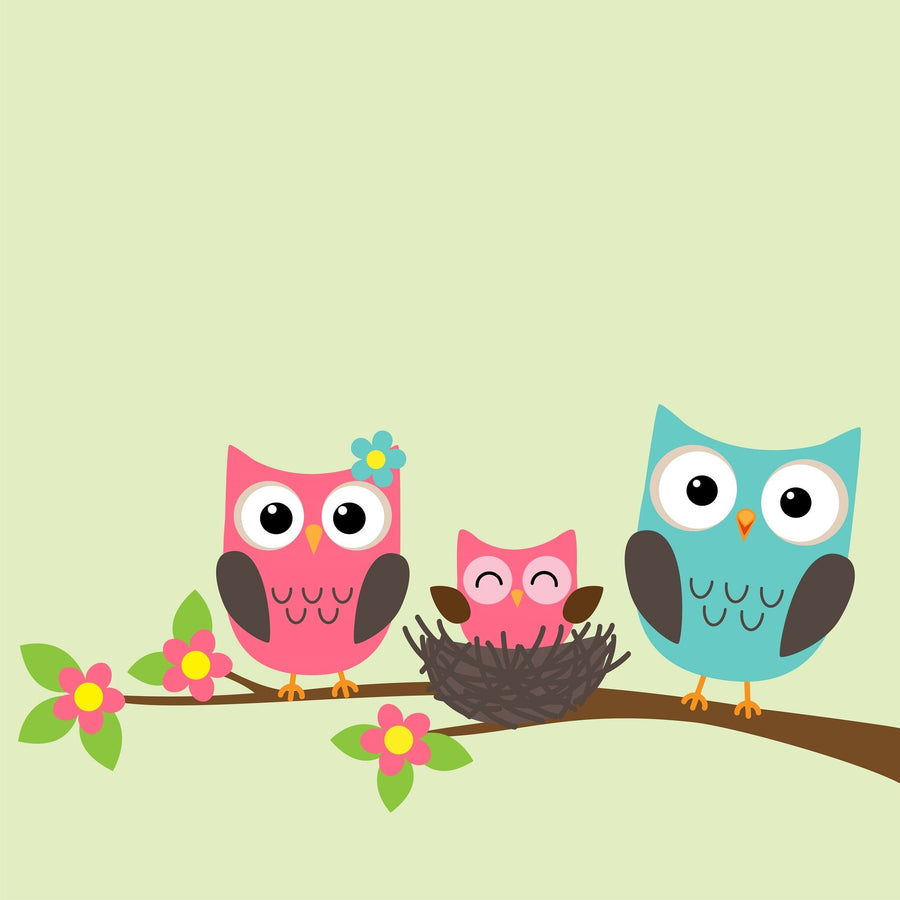 The "Owls in a Cozy Nest Wall Mural" by Deposit Photo features three cartoon owls—one blue, one pink, and a smaller pink owl in a flower-adorned nest. Set against a light green background with green leaves and pink blossoms, it's perfect for removable wallpaper or custom murals.