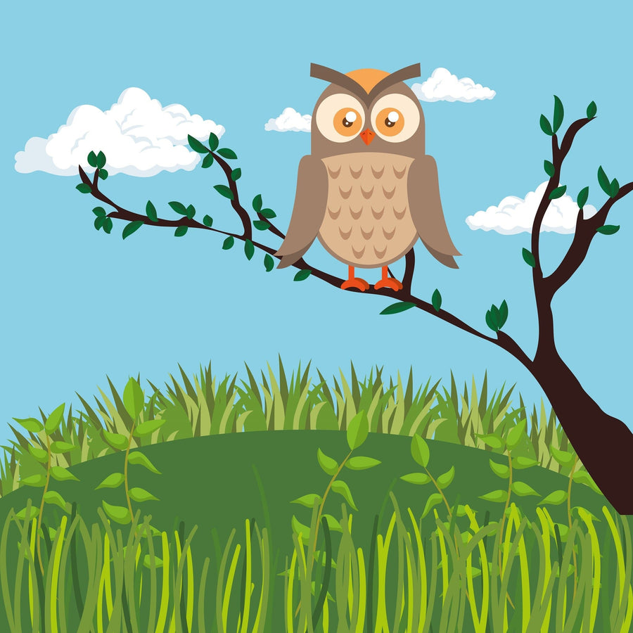 The Nursery 7 Wall Mural by photo features a large-eyed illustrated owl with orange feet on a branch against a blue sky. A lush green landscape with grass and leafy plants creates a calm, serene scene, ideal as a peel and stick wall mural for your space.