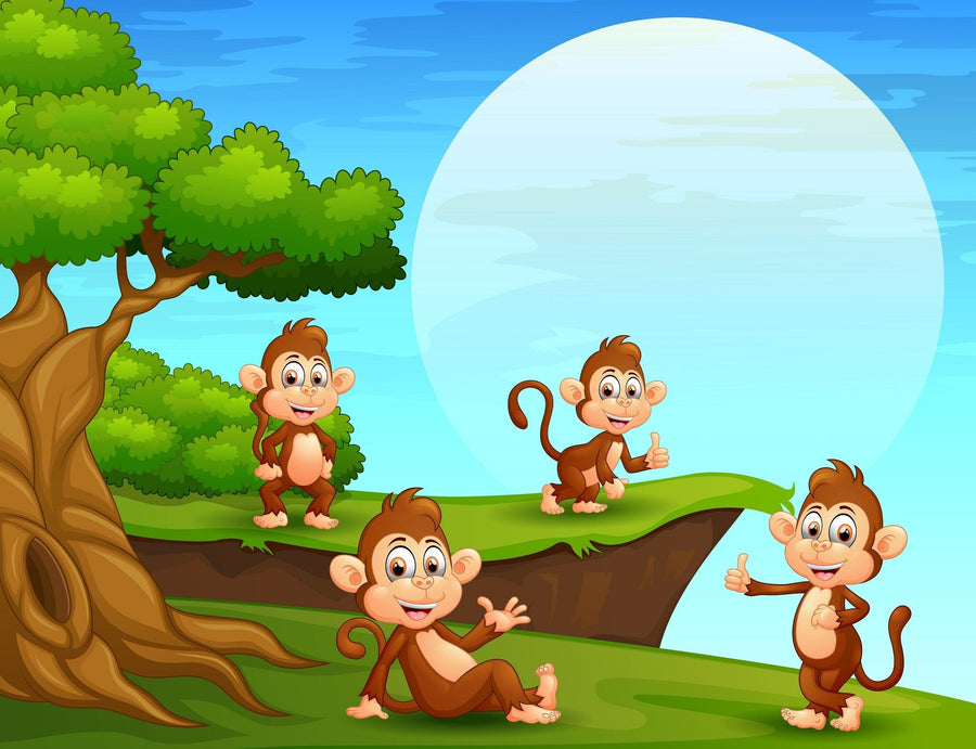 The Nursery 19 Wall Mural features four playful cartoon monkeys on a grassy cliff under a vibrant blue sky and large white sun. Two stand at the edge, another sits with a thumbs up, while others relax in the shade of the tree's lush canopy.