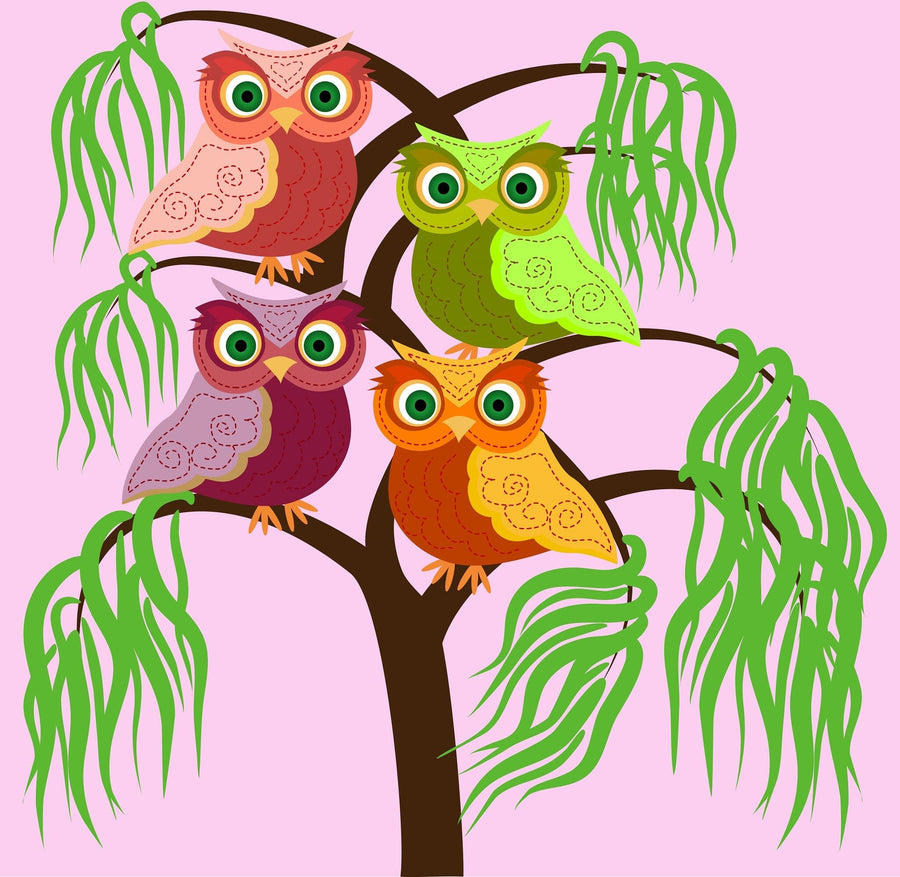 The Nursery 16 Wall Mural by Deposit Photo features a whimsical scene with four colorful owls in shades of green, pink, orange, and purple on a tree with drooping green leaves against a soft pink background. Ideal for peel-and-stick murals or removable wallpaper to brighten any space.