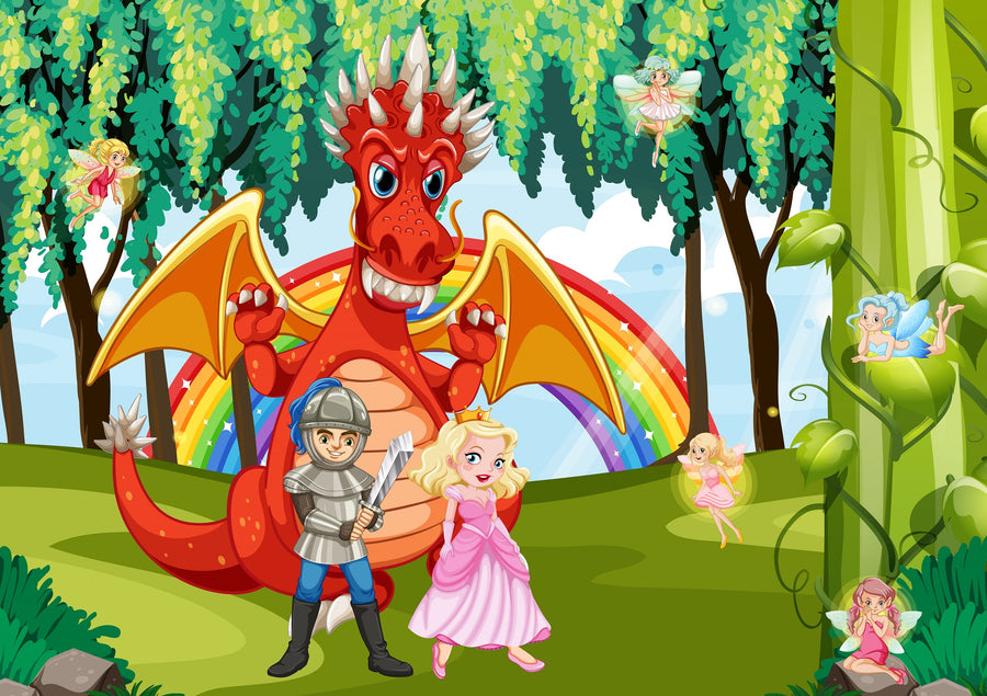 Transform your child’s space with the Nursery 7 Wall Mural: a red dragon with yellow wings, princess and knight, fairies, trees, rainbow sky, and green grass. This magical peel and stick wallpaper is perfect for dreamy rooms.