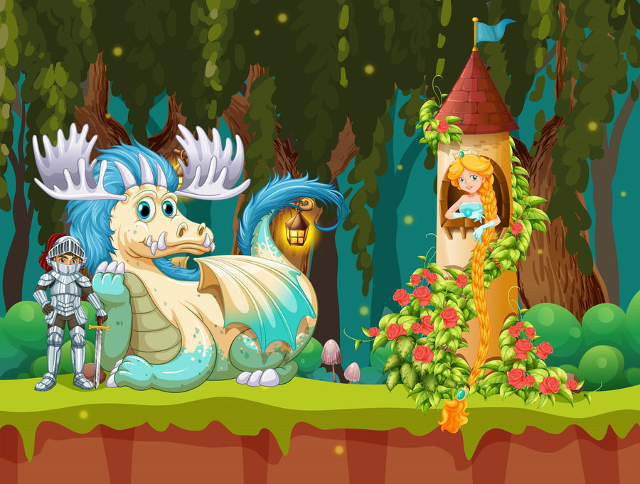 Transform your space with the Princess in the Tower Wall Mural, featuring a long-haired princess in a rose-covered tower and a friendly blue-accented dragon with antlers. This peel and stick mural is perfect for any room.