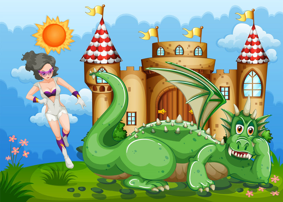 The Nursery 3 Wall Mural features a smiling green dragon with white wings by a fairytale castle, while a superhero-costumed woman runs nearby—bright flowers and flags create a magical scene perfect for any child's space.