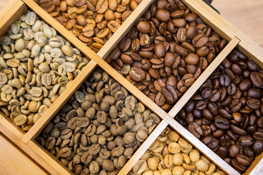 A wooden box with six compartments displays coffee beans from light unroasted to very dark—an ideal accent near the Coffee 8 Wall Mural for extra style and variety.