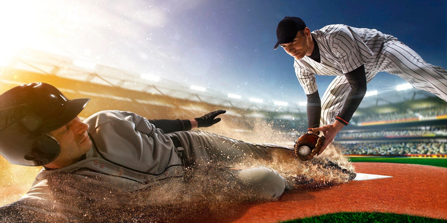 Bring the excitement home with the Sliding Into Victory Wall Mural, capturing a dramatic baseball tag at home plate under stadium lights—available in matte canvas textured or peel and stick finishes.