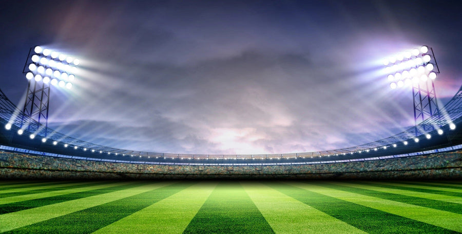 The Baseball 15 Wall Mural features a brightly lit, empty stadium at dusk with two floodlights on a green field. This peel and stick removable wall mural brings energy to any room and is easy to apply.