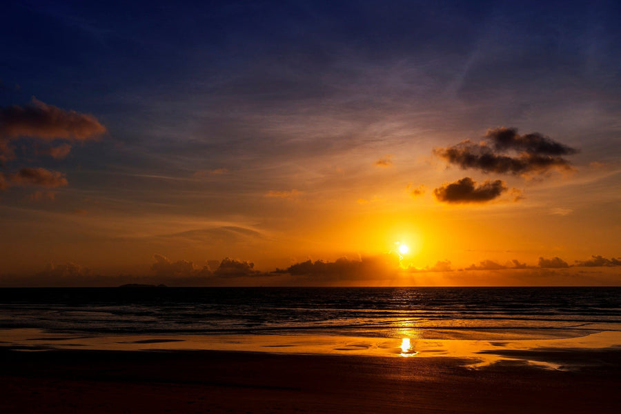 The wall mural "Sun Setting on the Sea" showcases a striking sunset with an orange sun on the horizon, dark clouds shifting from blue to orange, and its reflection shimmering on wet sand, all creating a serene and warm shoreline atmosphere.